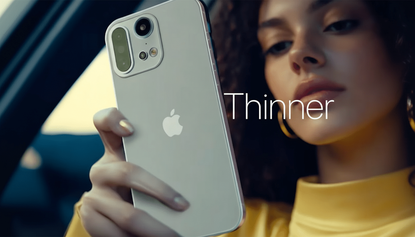 A woman holding a smartphone with Thinner written on the screen.