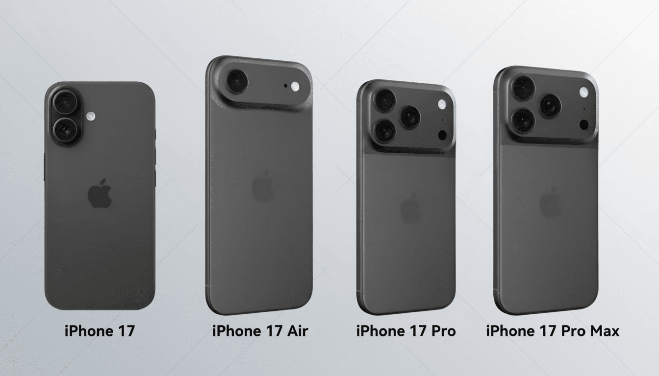 Four dark gray mock-up iPhones are presented side- by-side on a light gray gradient background, each labeled below with their model name: iPhone 17, i