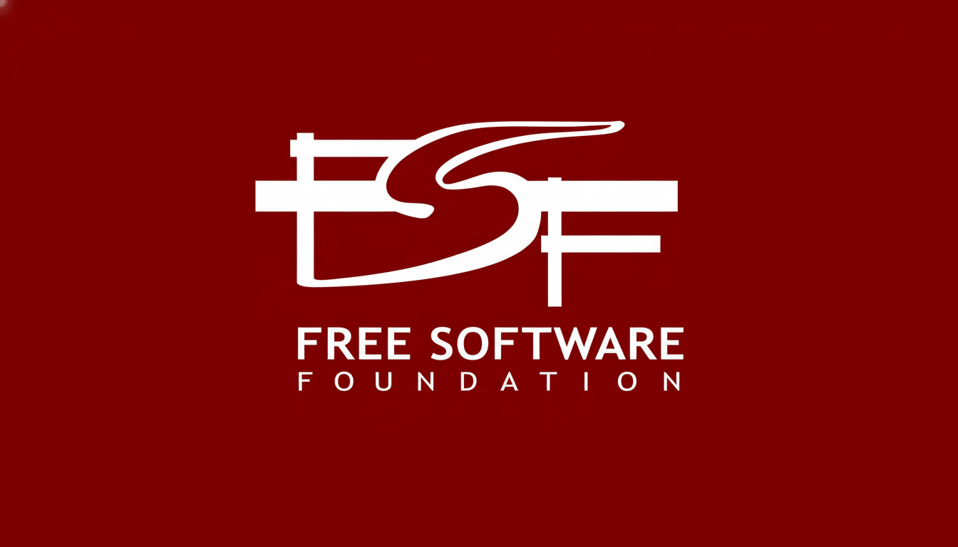 The logo for the Free Software Foundation, featuring stylized white  FSF initials above the words FREE SOFTWARE FOUND ATION in white , all set against a solid deep red background.