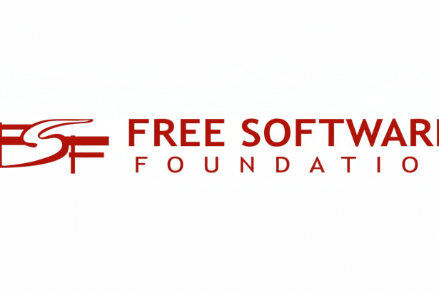 The Free Software Foundation logo on a white background , resized to a 16: 9 aspect ratio. The logo features stylized red text that reads FS F FREE SOFTWARE FOUND ATION.