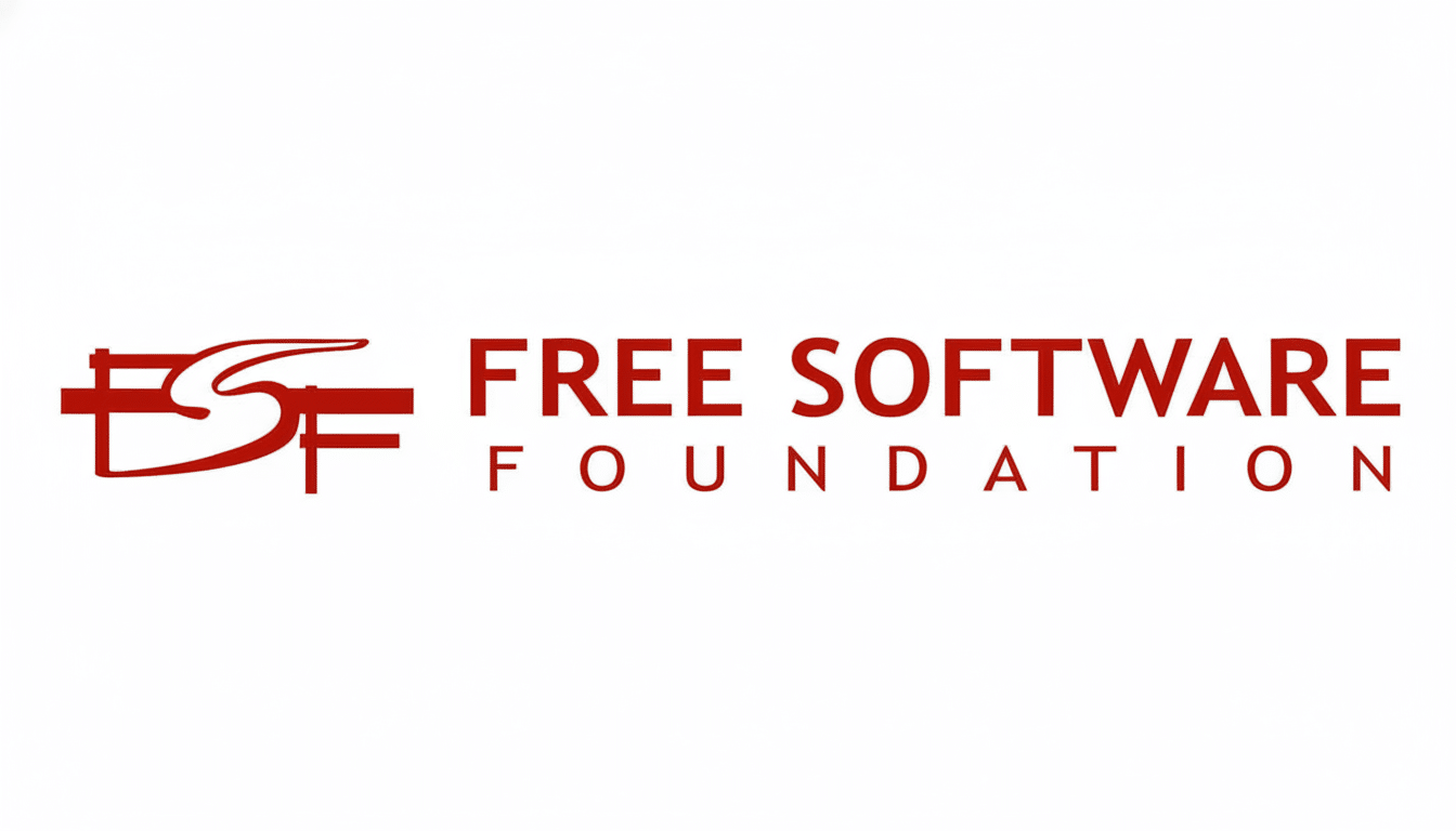 The Free Software Foundation logo on a white background , resized to a 16: 9 aspect ratio. The logo features stylized red text that reads FS F FREE SOFTWARE FOUND ATION.