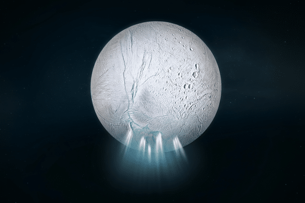 A professional, enhanced image of a moon, possibly Encel adus, with plumes of ice erupt ing from its surface, set against a dark, starry background, r