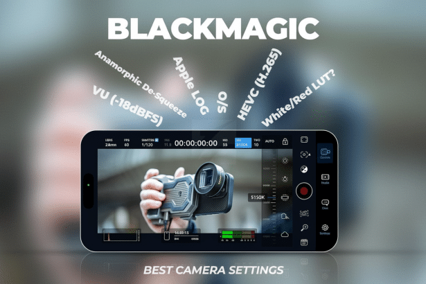 A professional image showcasing a smartphone running the Blackmagic camera app, displaying various camera settings and options, with text overlays rel