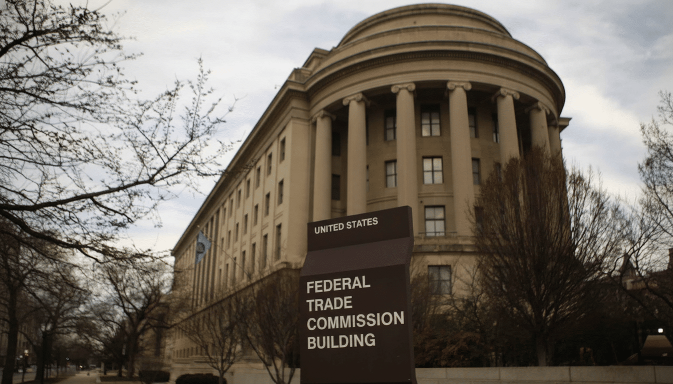 A 16:9 aspect ratio image of the Federal Trade Commission Building with its sign in the foreground and bare trees under a cloudy sky.