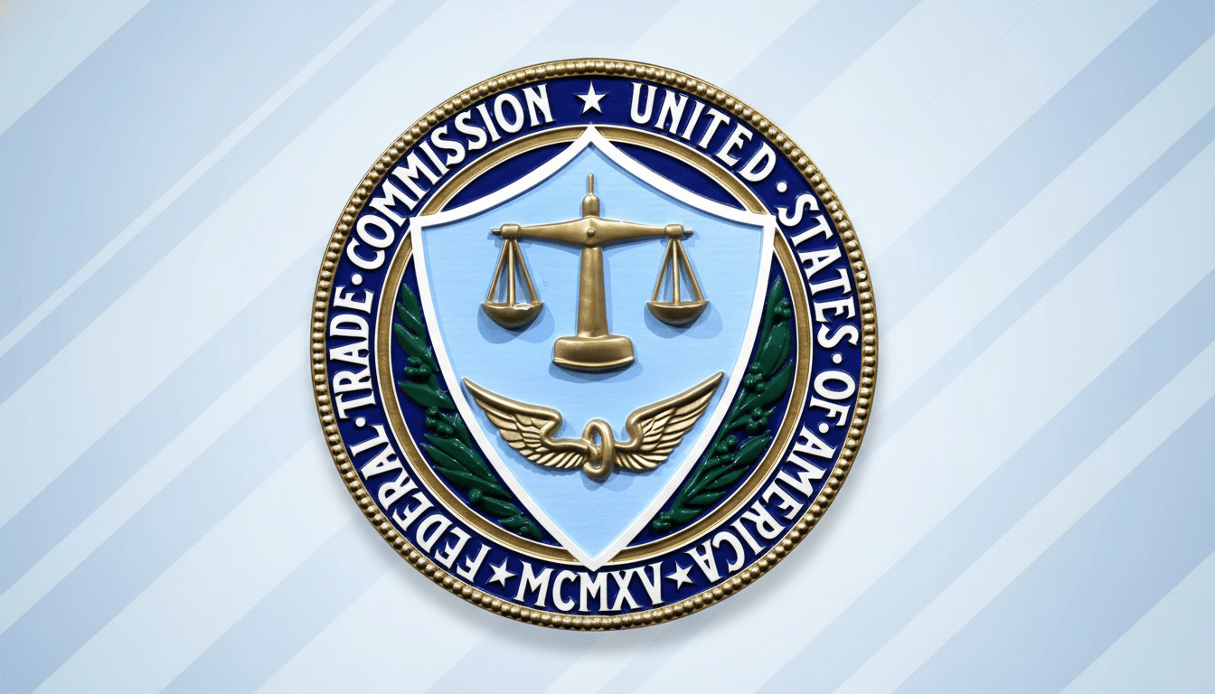 ** The official seal of the Federal Trade Commission with scales of justice and wings , presented on a professional flat design background with soft blue - white gradients and subtle patterns, resized to a 1 6:9 aspect ratio. **