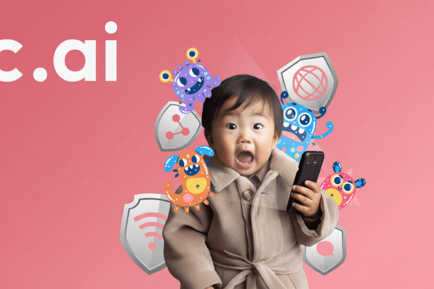 A young child with an open mouth holding a phone, surrounded by playful monster illustrations and shield icons, with the c.ai logo on a pink backgroun