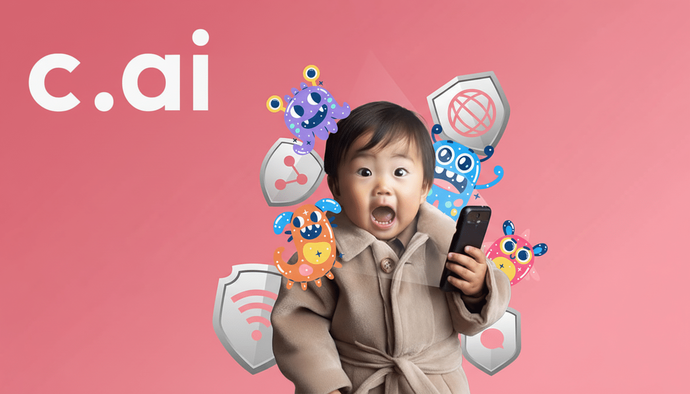 A young child with an open mouth holding a phone, surrounded by playful monster illustrations and shield icons, with the c.ai logo on a pink backgroun