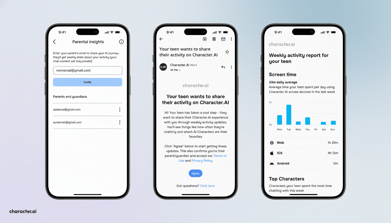 A professional, enhanced image displaying three mobile app screenshots from Character.AI, showcasing parental insights, activity sharing prompts, and