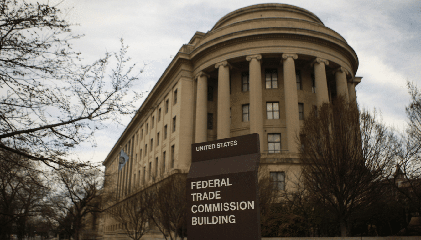 The Federal Trade Commission Building in Washington D.C., with a sign in the foreground.