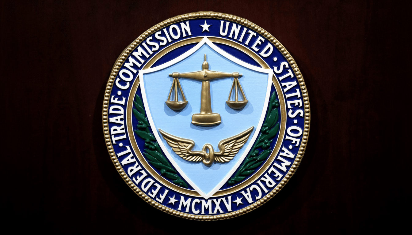 A professional, enhanced image of the circular seal of the United States Federal Trade Commission ( FTC), featuring a golden scale and wings on a ligh