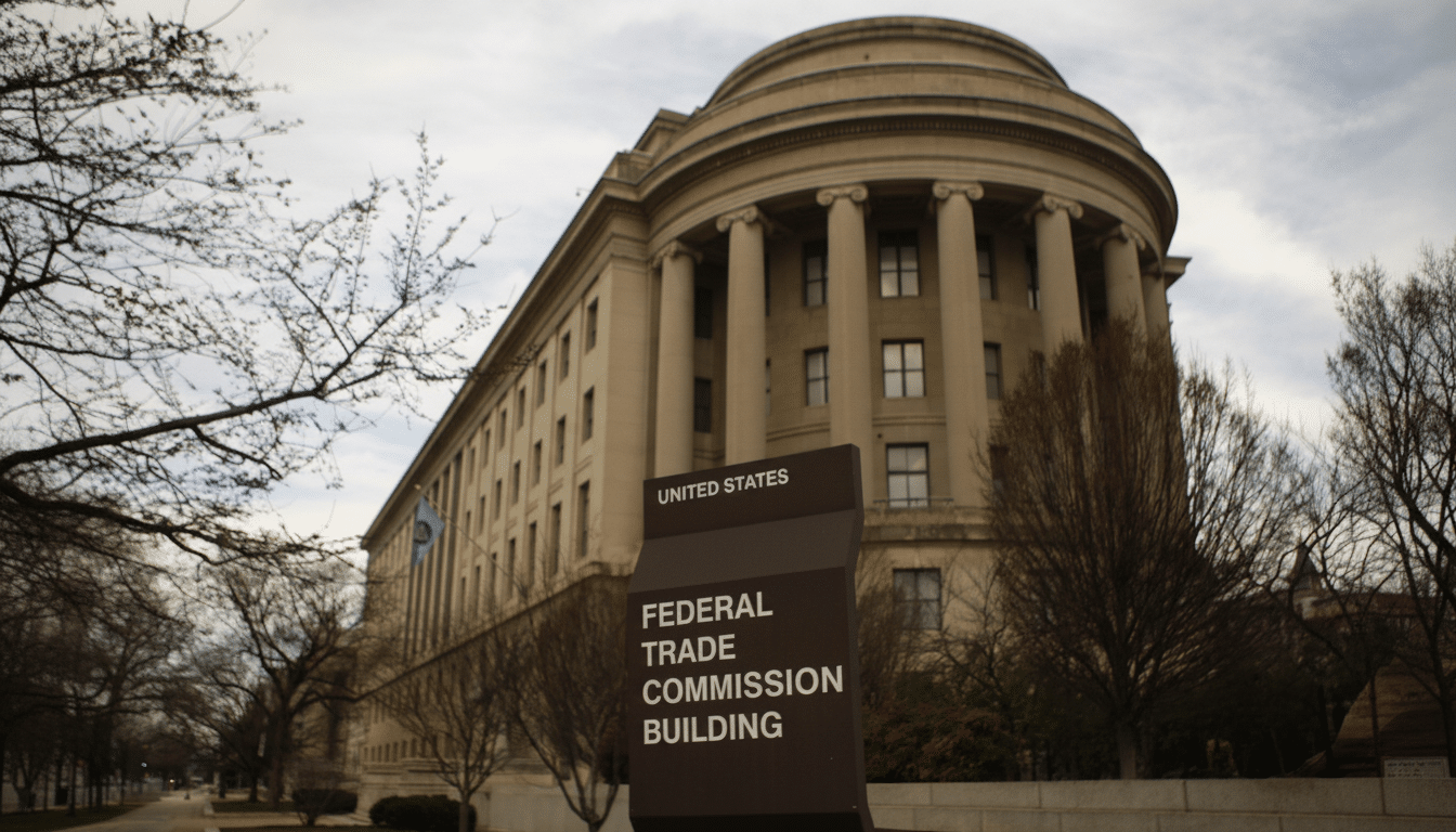 The Federal Trade Commission Building in Washington D.C ., with a sign in the foreground, against a cloudy sky.