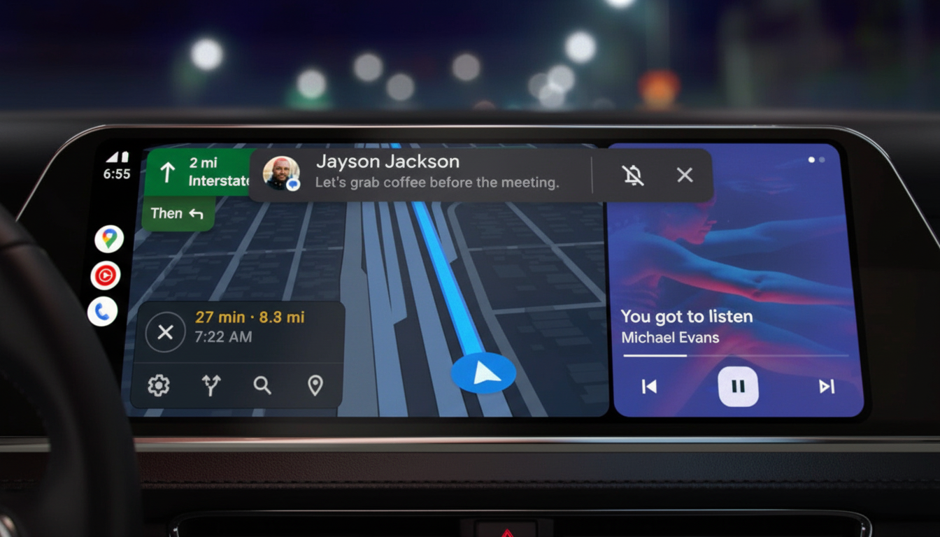 A cars infotainment system displaying Google Maps navigation on the left and a music player on the right, with a notification from Jayson Jackson overlaid.