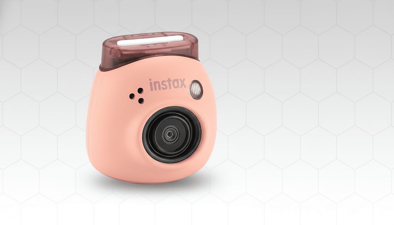 A professional shot of a peach -colored Instax camera on a background with a subtle honeycomb pattern.