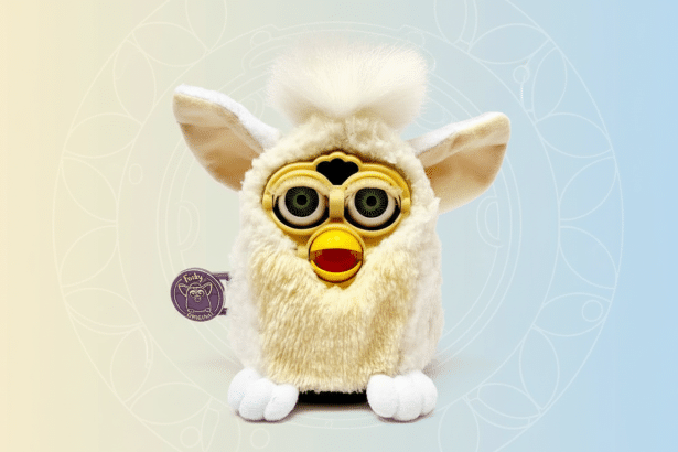 A white and yellow Furby toy with large green eyes and a red beak, standing on a light, professionally designed background with soft blue and yellow gradients and a subtle circular pattern. Filename : furby toyprofessional background.png