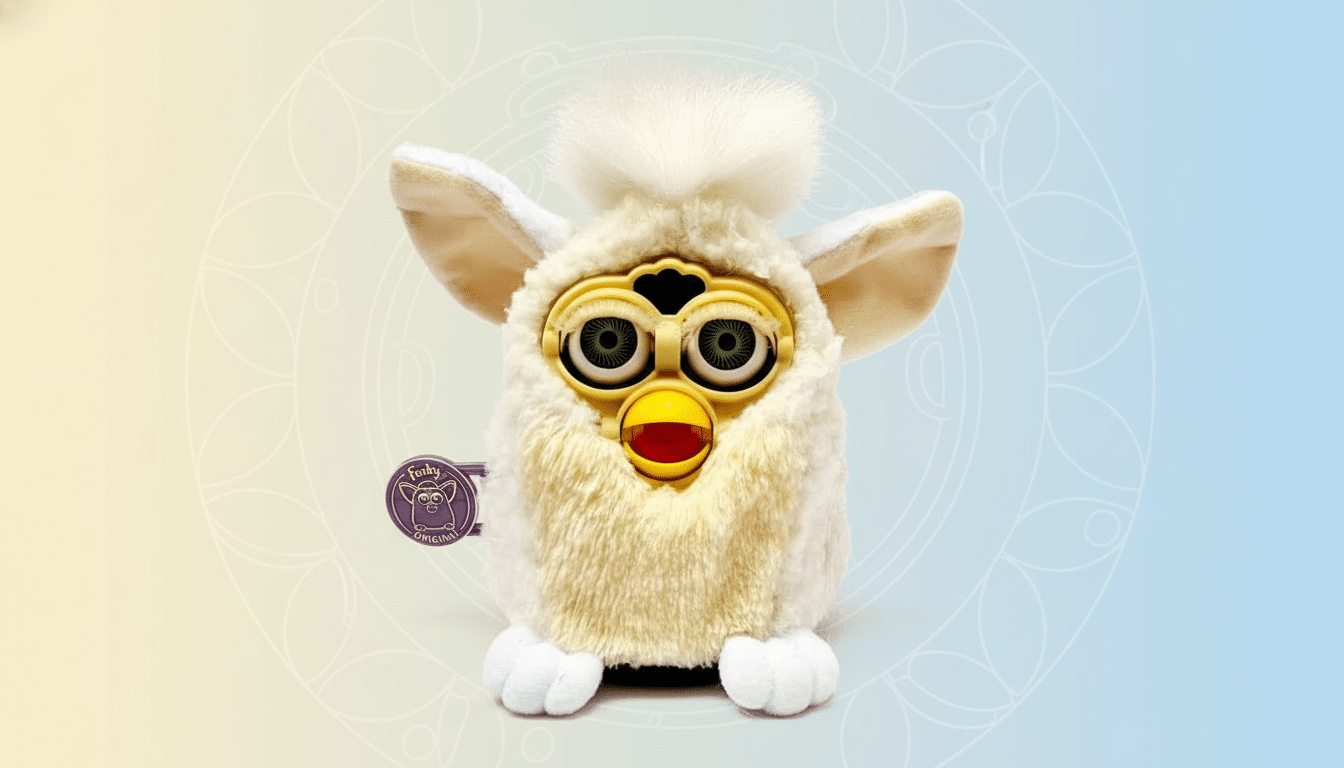 A white and yellow Furby toy with large green eyes and a red beak, standing on a light, professionally designed background with soft blue and yellow gradients and a subtle circular pattern. Filename : furby toyprofessional background.png