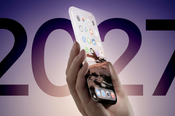 A hand holding a futuristic foldable phone with a transparent screen, displaying apps and a landscape image , against a background of 2027 text .
