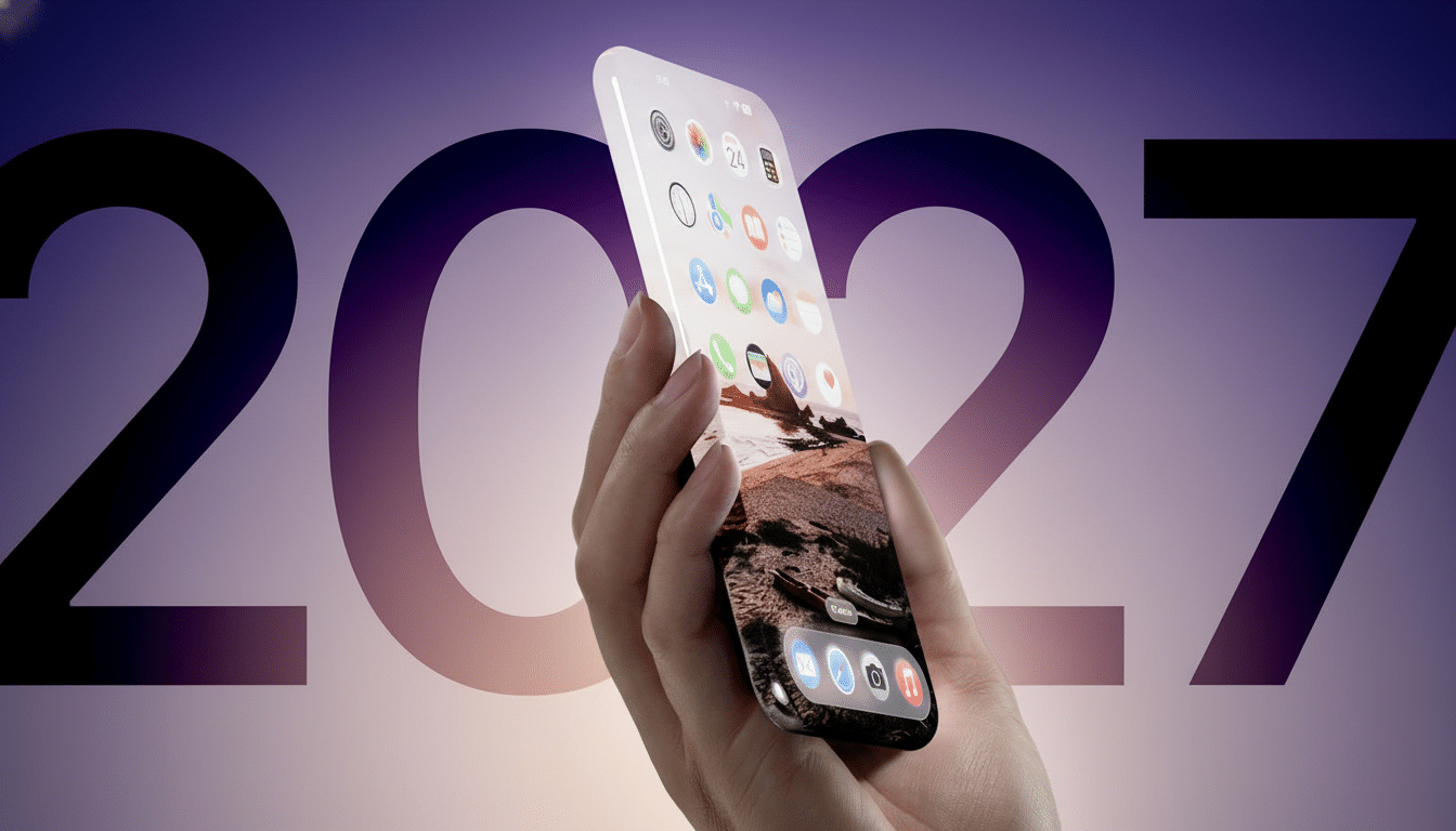 A hand holding a futuristic foldable phone with a transparent screen, displaying apps and a landscape image , against a background of 2027 text .