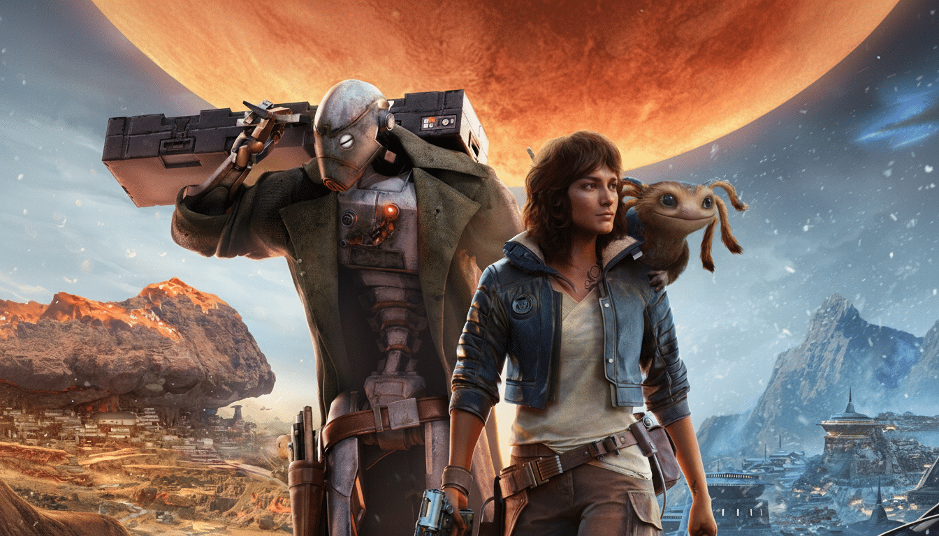 A professional 16: 9 aspect ratio image featuring a human woman, a robot, and a small alien creature standing on a futuristic alien planet with a larg