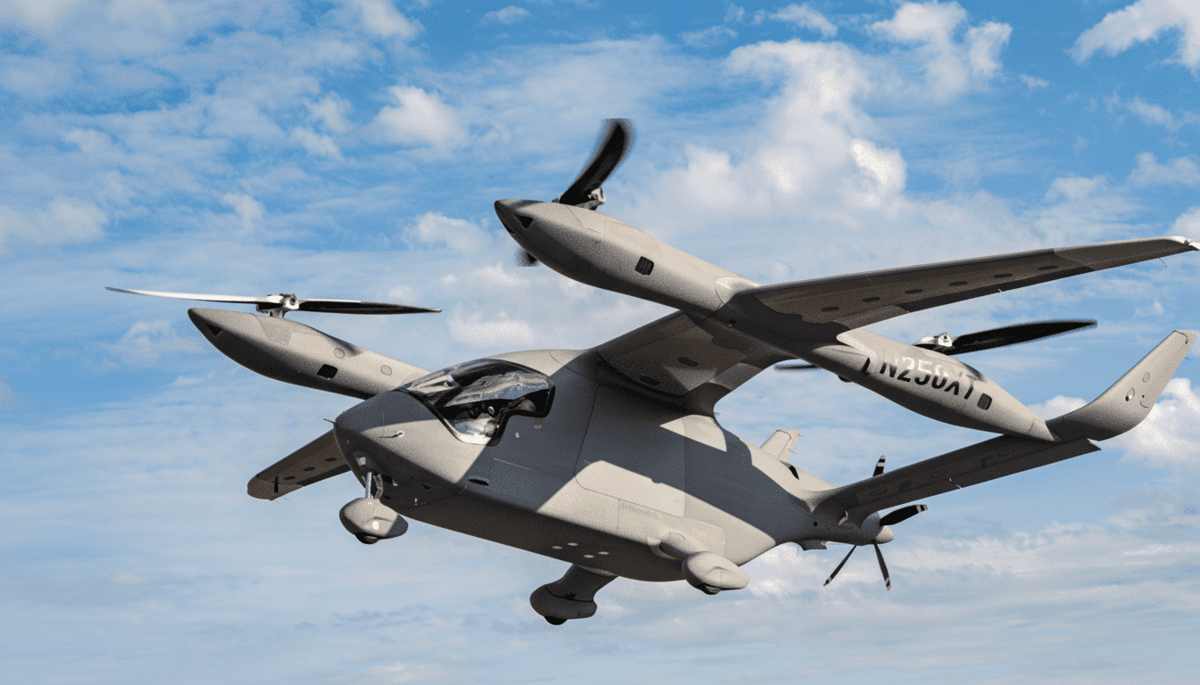 A gray futuristic VTOL aircraft with multiple propellers, flying against a partly cloudy blue sky. Filename : futuristic vtol aircraft.png