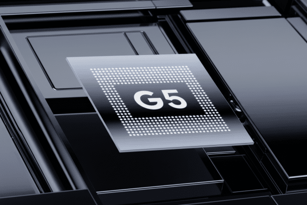 A close-up of a square computer chip with G5 prominently displayed in white text , surrounded by a grid of small white dots, set against a dark, metallic, patterned background.