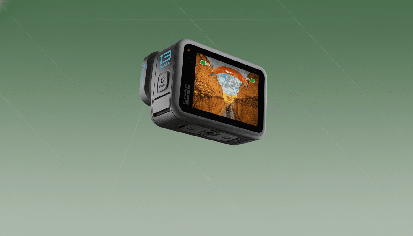 A professional shot of a black GoPro camera, displaying a par agliding scene on its screen, set against a subtle green gradient background with light