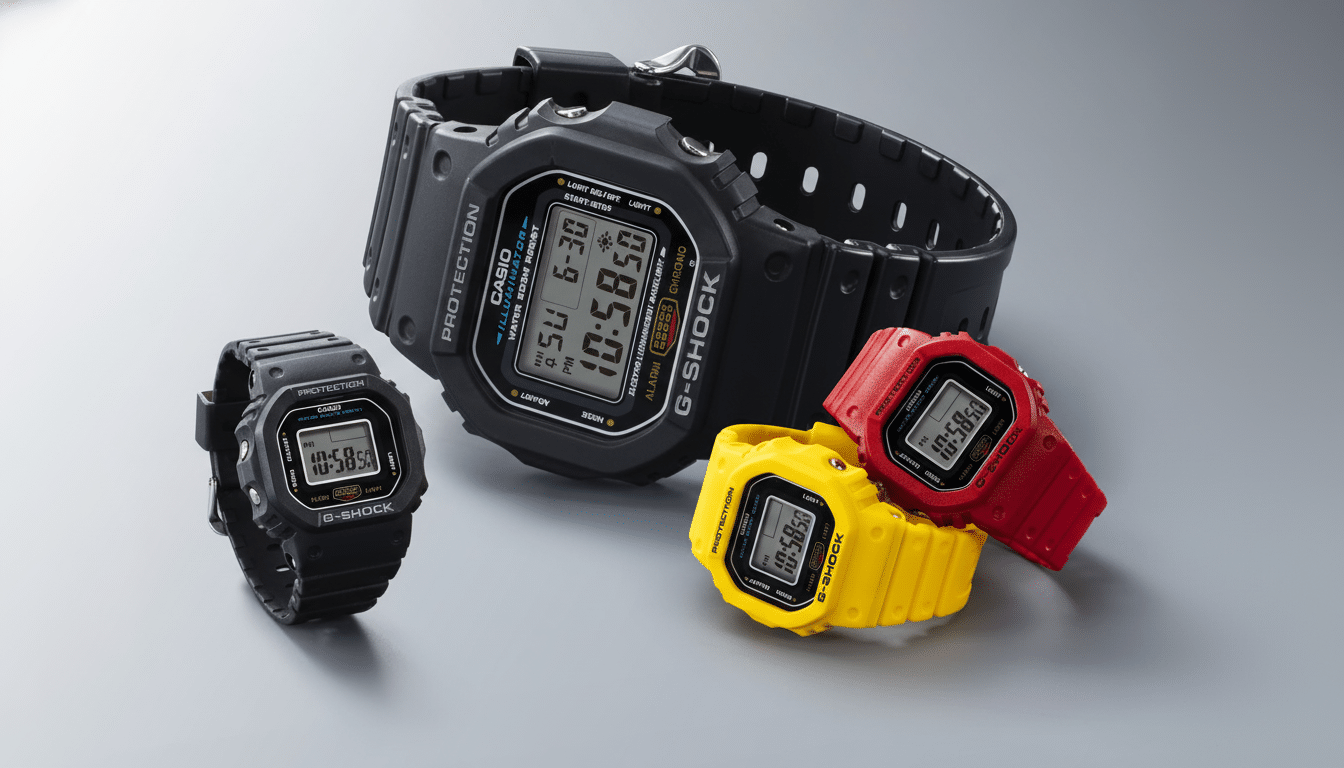 A professional shot of multiple Casio G- Shock watches. The largest watch in the background is black, with two smaller G -Shock watches in the foreground: one yellow and one red. All watches display digital time and various functions , set against a smooth gray background with soft lighting. Filename : gshock watches1 69 enhanced .png