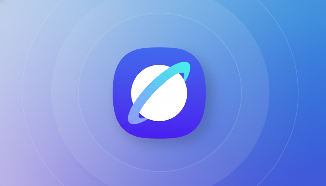 A 16:9 aspect ratio image featuring the Samsung Internet browser icon, which is a white circle with a light blue ring around it, all set within a rounded square of purple and blue gradient. The background is a professional flat design with soft concentric circle patterns in shades of blue and purple.