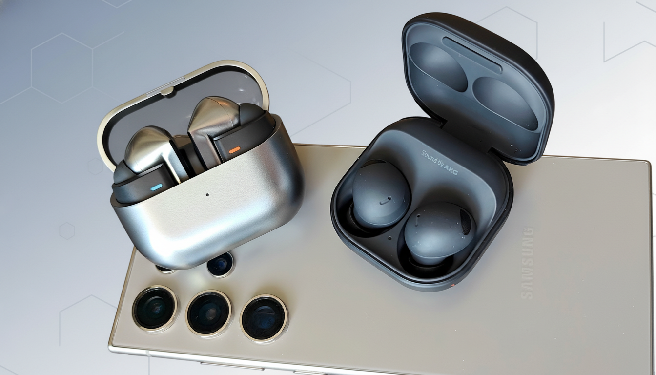 Two pairs of wireless earbuds, one silver and one black, resting on a silver smartphone. The background has been professionally enhanced with a soft, geometric pattern.