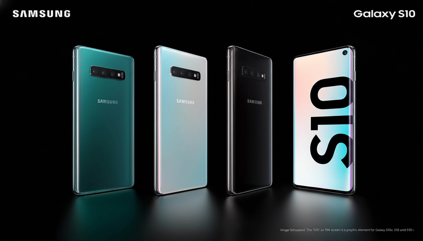 Four Samsung Galaxy S10 phones in different colors ( green, white, black, and a display with S 10 on it) against a dark background, resized to a 16: 9 aspect ratio.
