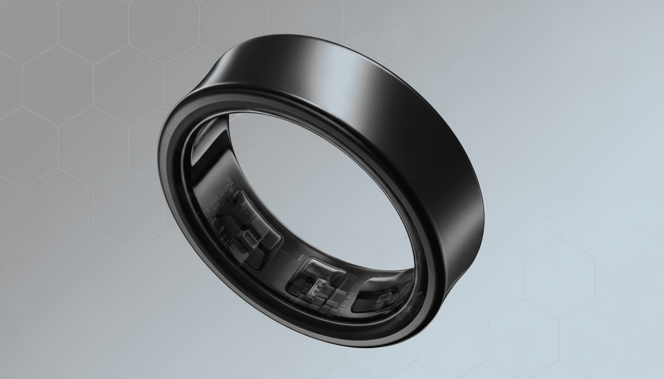 A professional shot of a black smart ring, with its internal components visible through a translucent inner band, set against a subtle gray background with a hexagonal pattern.