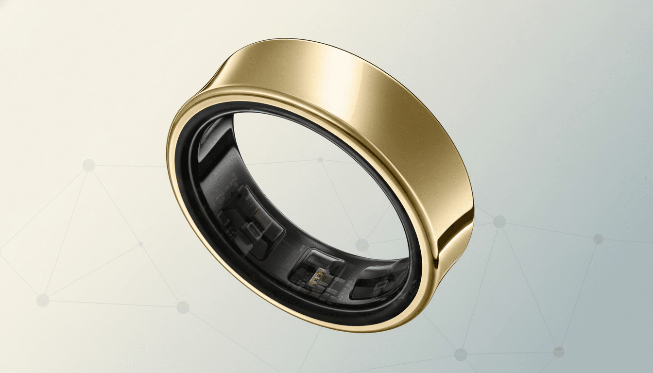 A gold smart ring with a black interior showing internal components , set against a professional flat design background with soft geometric patterns and a subtle gradient.
