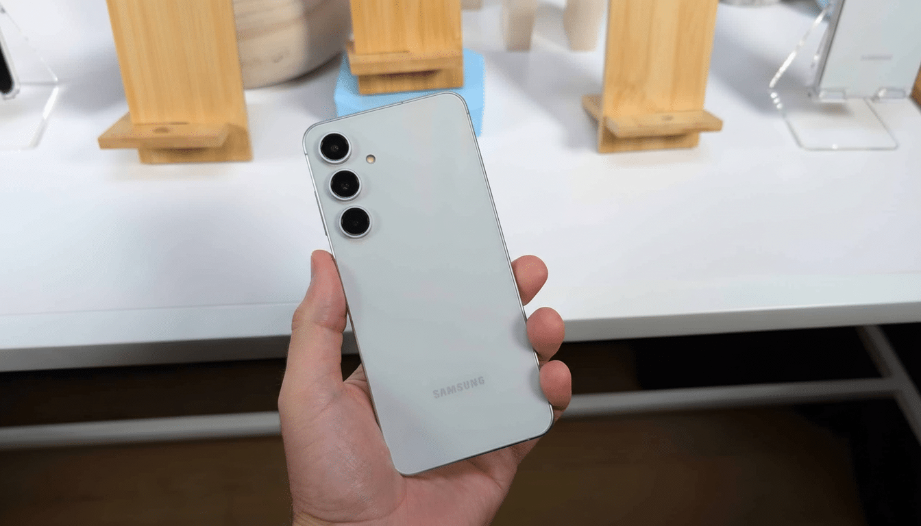 A hand holds a light gray Samsung smartphone with three cameras on the back, presented in a 16: 9 aspect ratio, maintaining the original background.