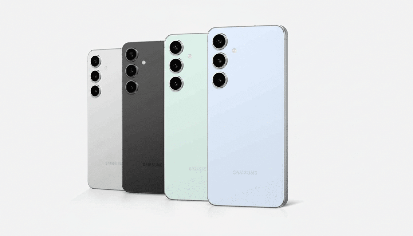 Four Samsung Galaxy S23 smartphones in white, black, green, and light blue, lined up on a white background.