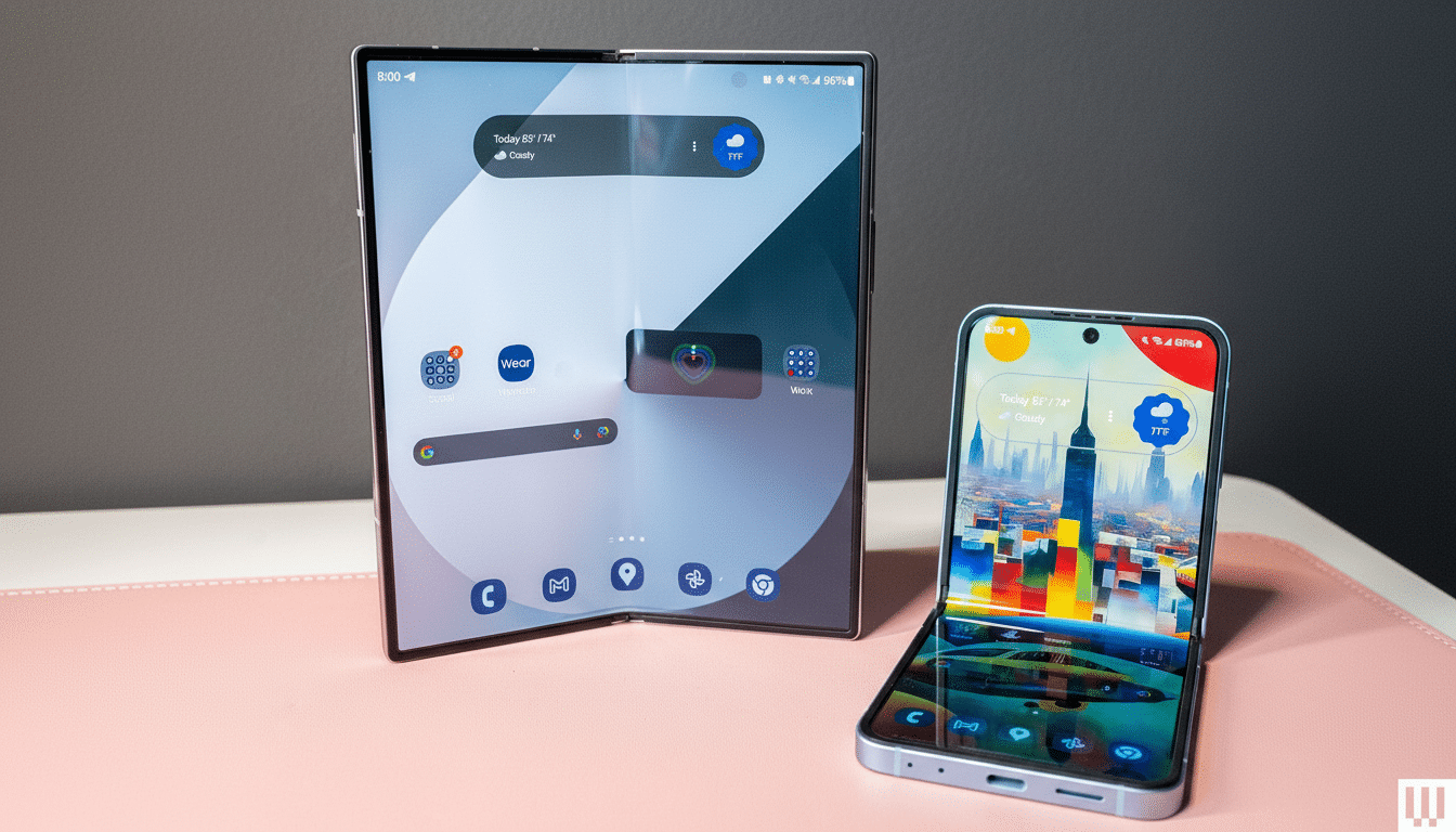 Two Samsung foldable phones, one folded open and one unfolded, on a pink mat with a grey background.
