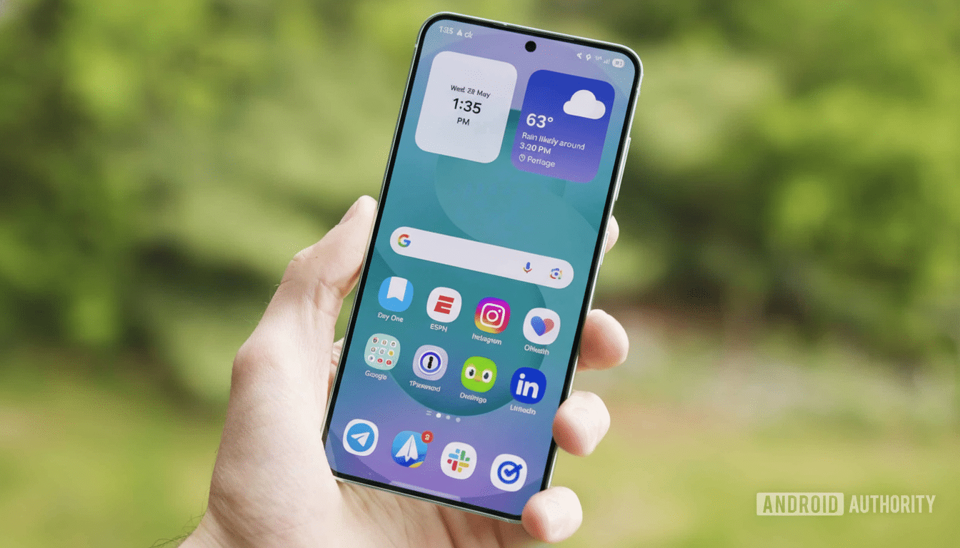 A hand holding a smartphone displaying various app icons and widgets on a home screen, set against a blurred green outdoor background.