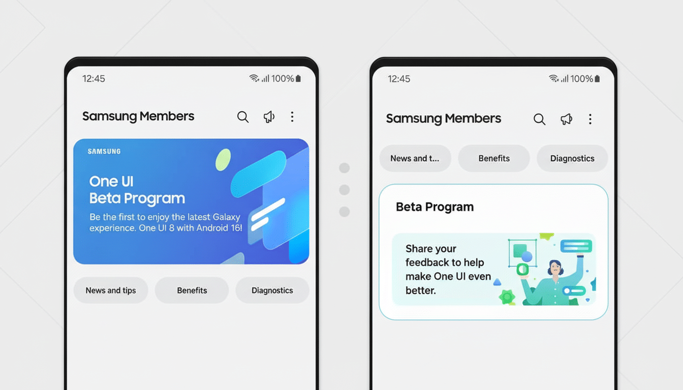 A 16: 9 aspect ratio image of two smartphone screens displaying the Samsung Members app. The left screen shows a One UI Beta Program banner, and the r