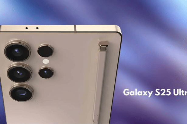 A gold-colored smartphone, likely a Galaxy S25 Ultra, with multiple camera lenses and a stylus docked on the side, presented against a professional gradient background.
