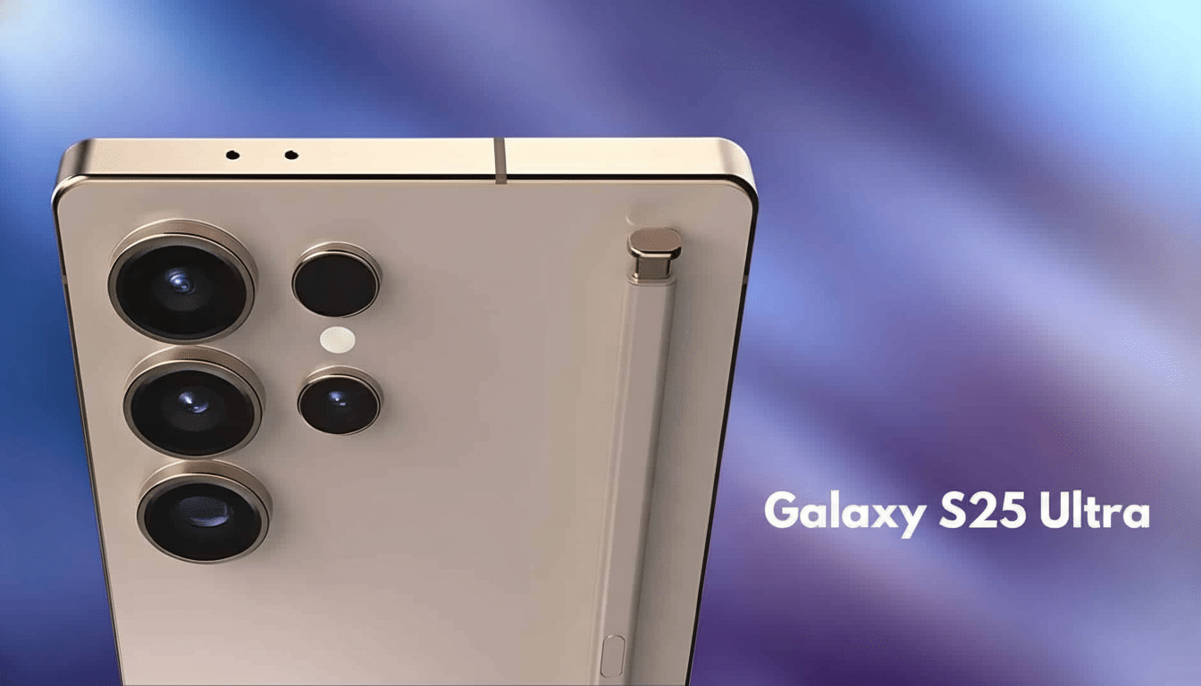 A gold-colored smartphone, likely a Galaxy S25 Ultra, with multiple camera lenses and a stylus docked on the side, presented against a professional gradient background.