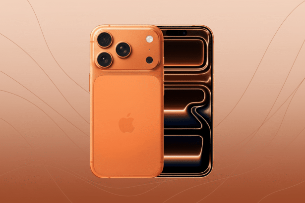 A professional shot of an orange iPhone with a bright screen, set against a soft, gradient background with subtle wave patterns. Filename : orangeiphone professional. png