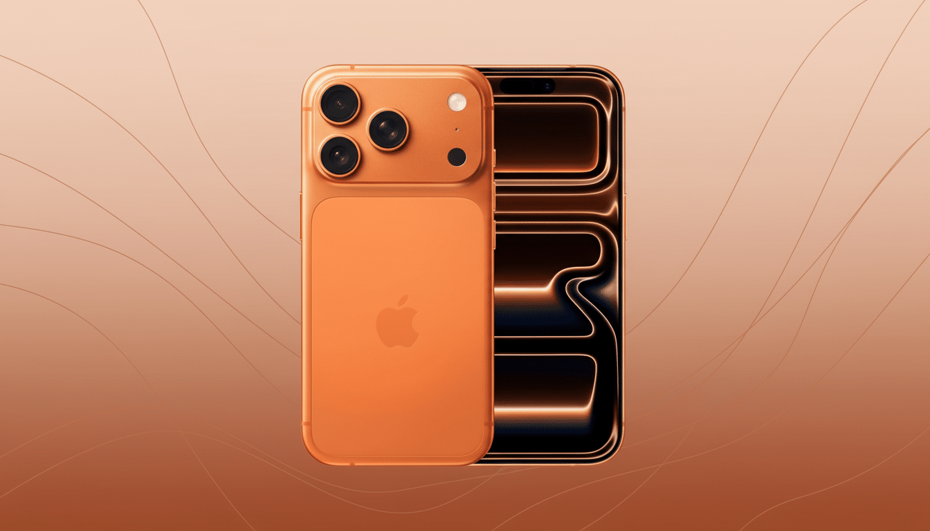 A professional shot of an orange iPhone with a bright screen, set against a soft, gradient background with subtle wave patterns. Filename : orangeiphone professional. png