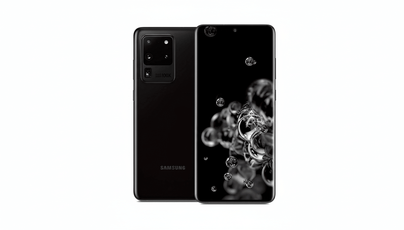 A professional shot of a black Samsung smartphone with its back and front displayed , featuring a clean white background. Filename : samsungsmartphone professional. png