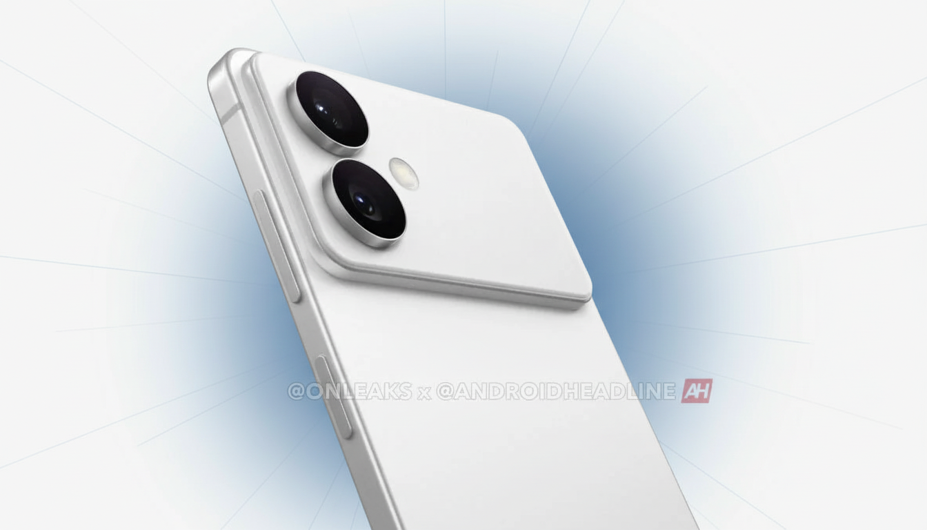 A white smartphone with two prominent camera lenses and a flash, shown at an angle against a professional flat design background with soft blue and white gradients.