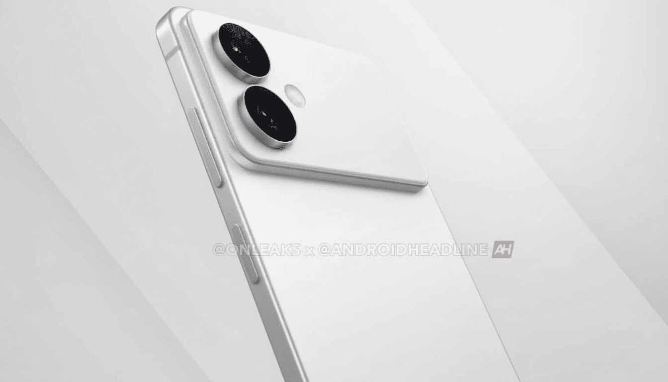 A white smartphone with a dual- camera system shown from a slightly elevated side angle on a clean white background.