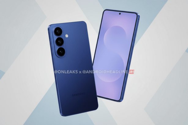 A blue Samsung smartphone rendered from two angles, showcasing its front display and rear triple camera setup , presented on a subtle light blue and white gradient background. Filename : samsungsmartphone render . png