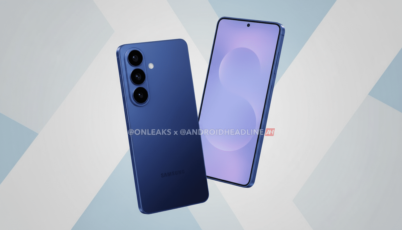 A blue Samsung smartphone rendered from two angles, showcasing its front display and rear triple camera setup , presented on a subtle light blue and white gradient background. Filename : samsungsmartphone render . png