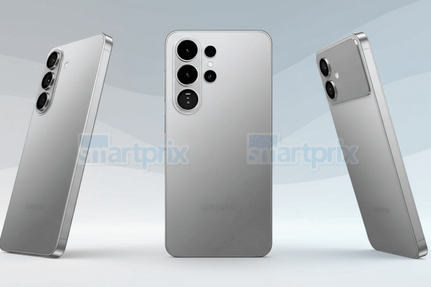 Three gray smartphones , possibly Samsung Galaxy models , are shown from different angles against a subtle gradient background.