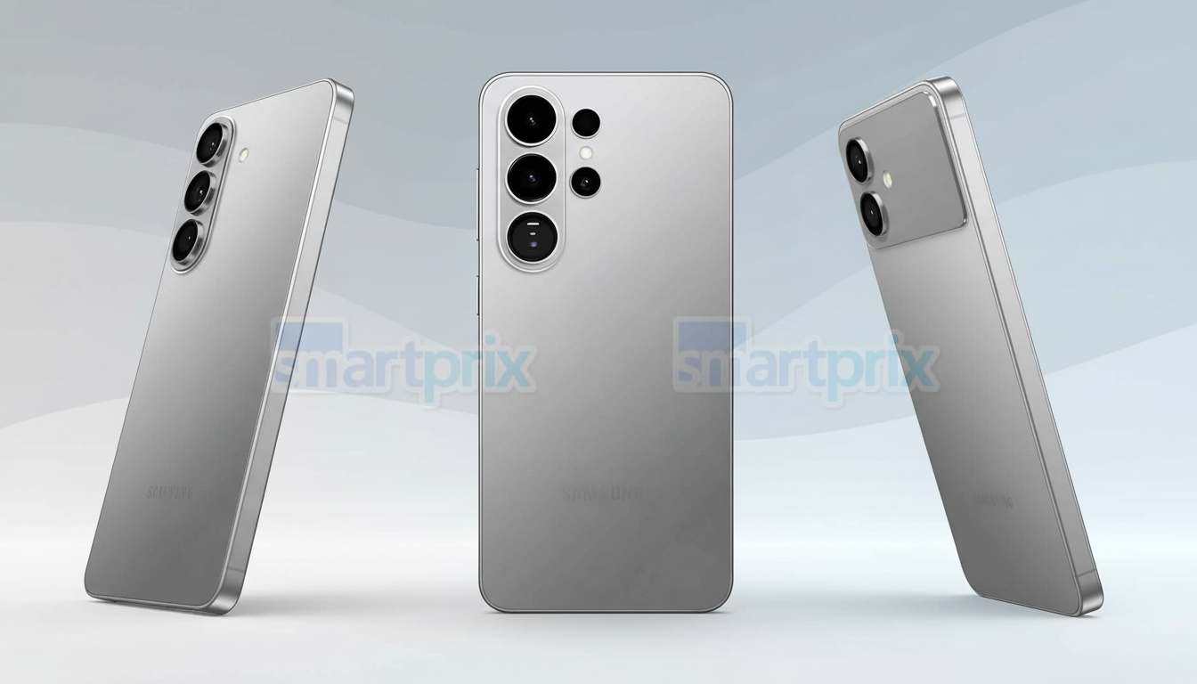 Three gray smartphones , possibly Samsung Galaxy models , are shown from different angles against a subtle gradient background.