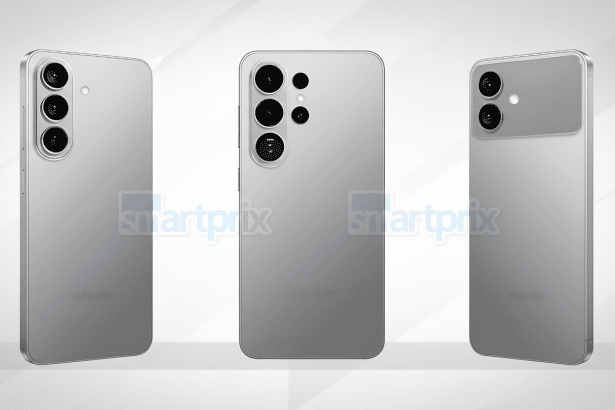 Three gray Samsung smartphones are displayed at different angles on a white background. The center phone shows the full back with four camera lenses, while the left and right phones are angled, revealing their sides and camera arrays .