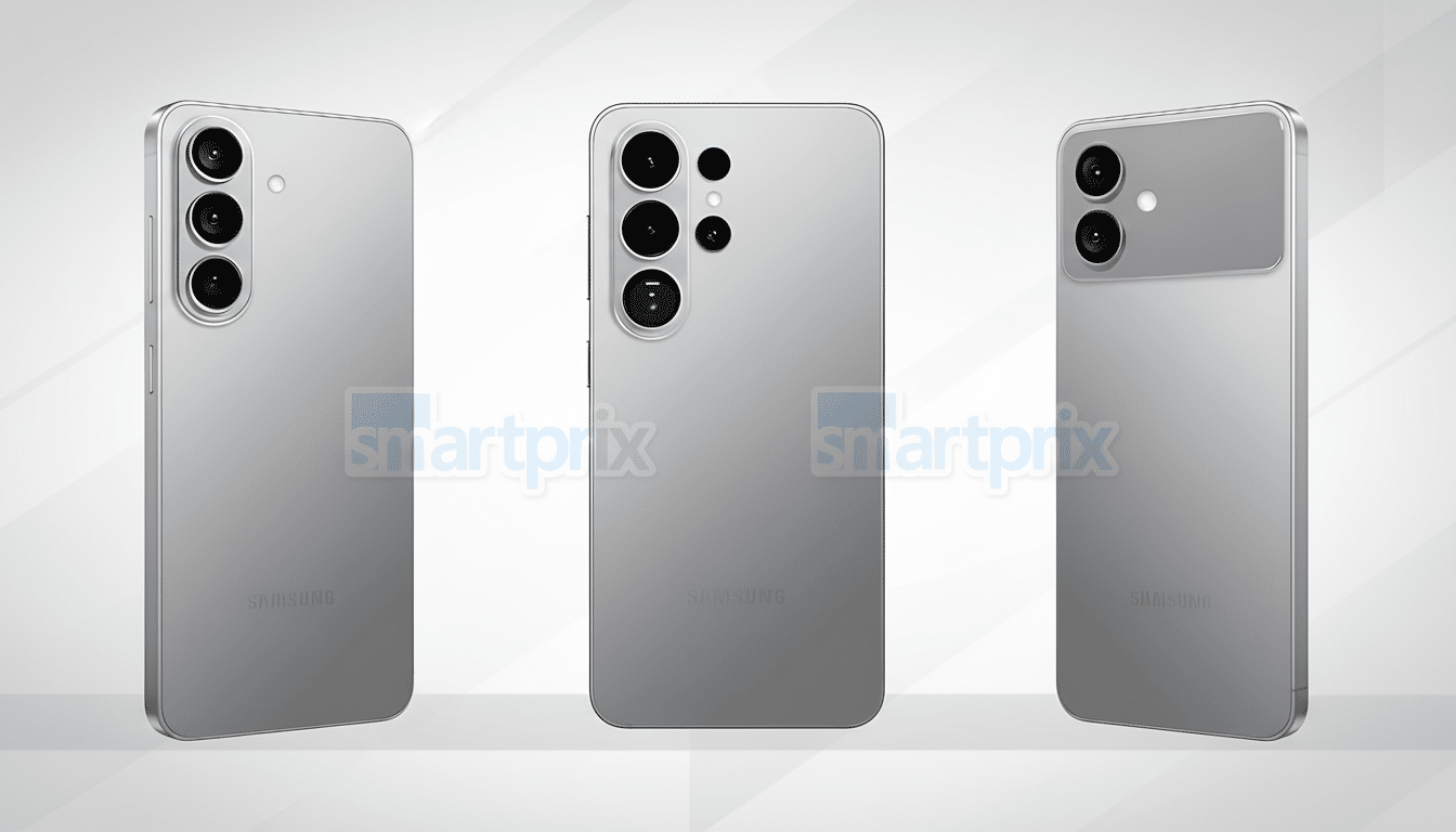 Three gray Samsung smartphones are displayed at different angles on a white background. The center phone shows the full back with four camera lenses, while the left and right phones are angled, revealing their sides and camera arrays .