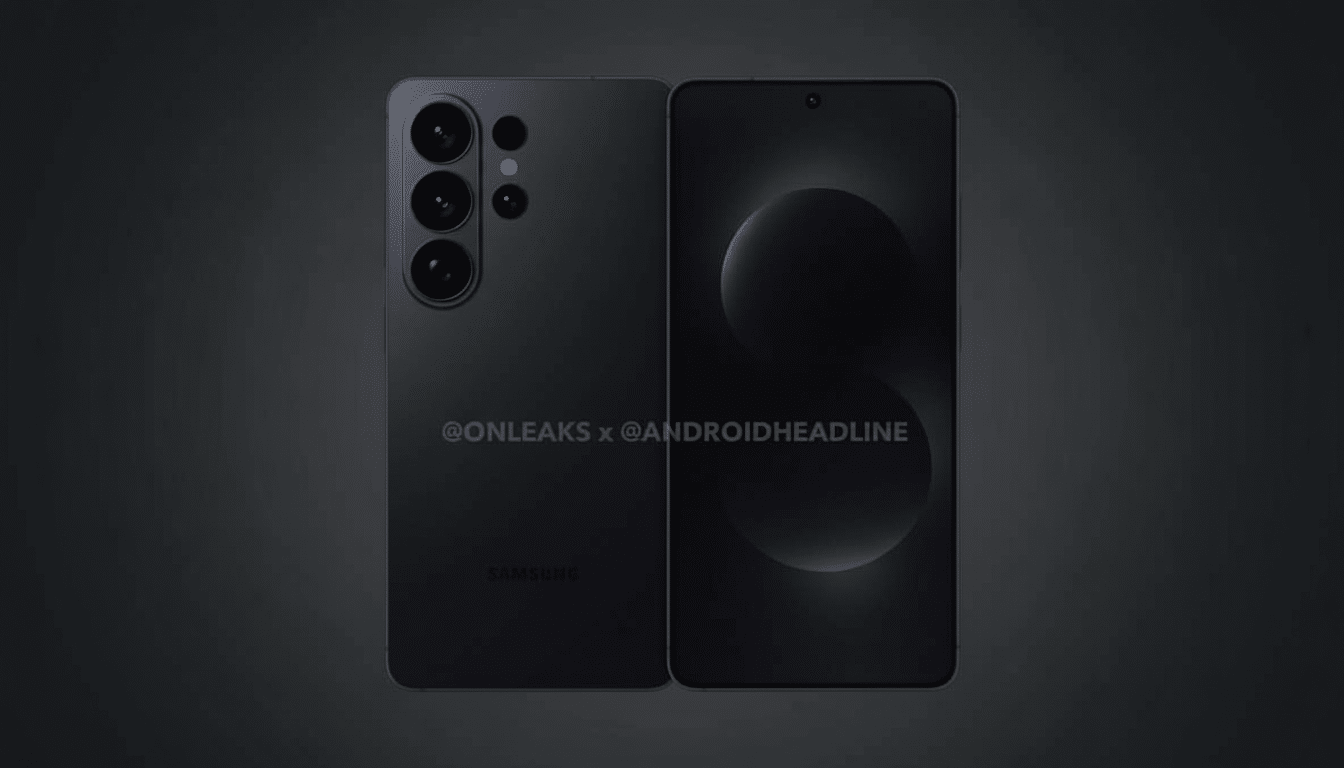 A professional, enhanced image of two black smartphones, likely Samsung models, shown from the front and back against a dark gray background. The fron
